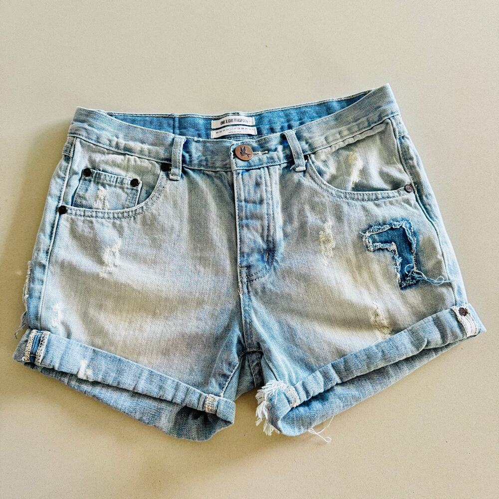 ONE TEASPOON Low Rise Chargers Distressed Light Blue Wash Denim Cutoffs Short 26